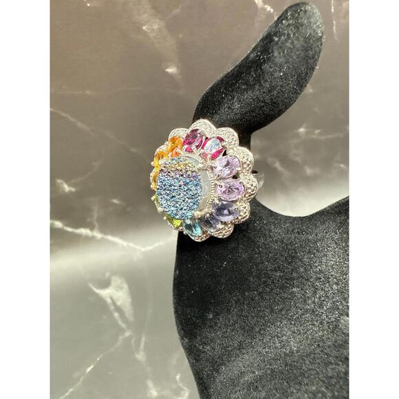 Vintage 925 Sterling Silver Flower Drusy Multi Gemstones Cocktail Ring Size 8 - Picture 3 of 8